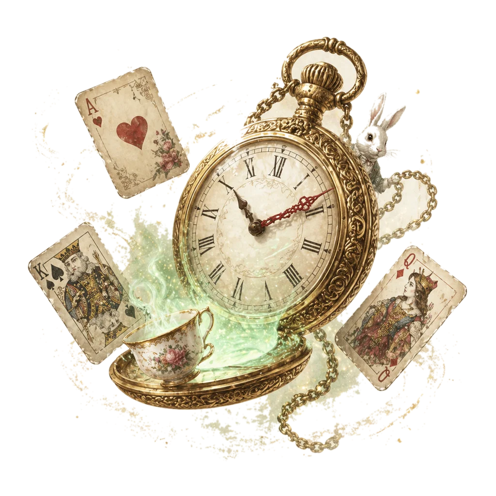 A magical brass pocket watch with glowing mint light pouring from inside, drifting playing cards, and a steaming teacup