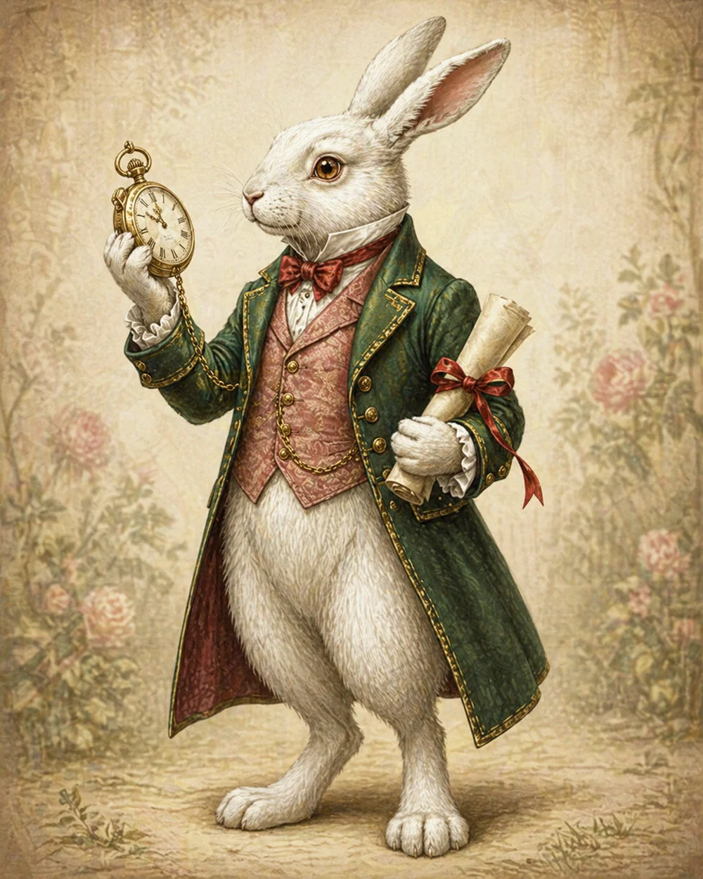 The White Rabbit checking his pocket watch, in a dusty-rose waistcoat and dark green frock coat